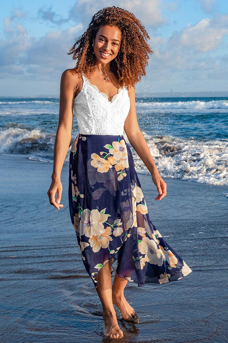 White and Floral Open Back Midi Dress