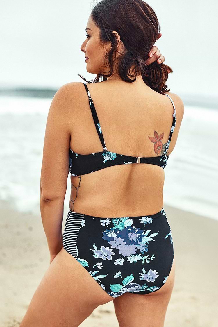 Blue Floral Print Push Up Plus Size Bikini