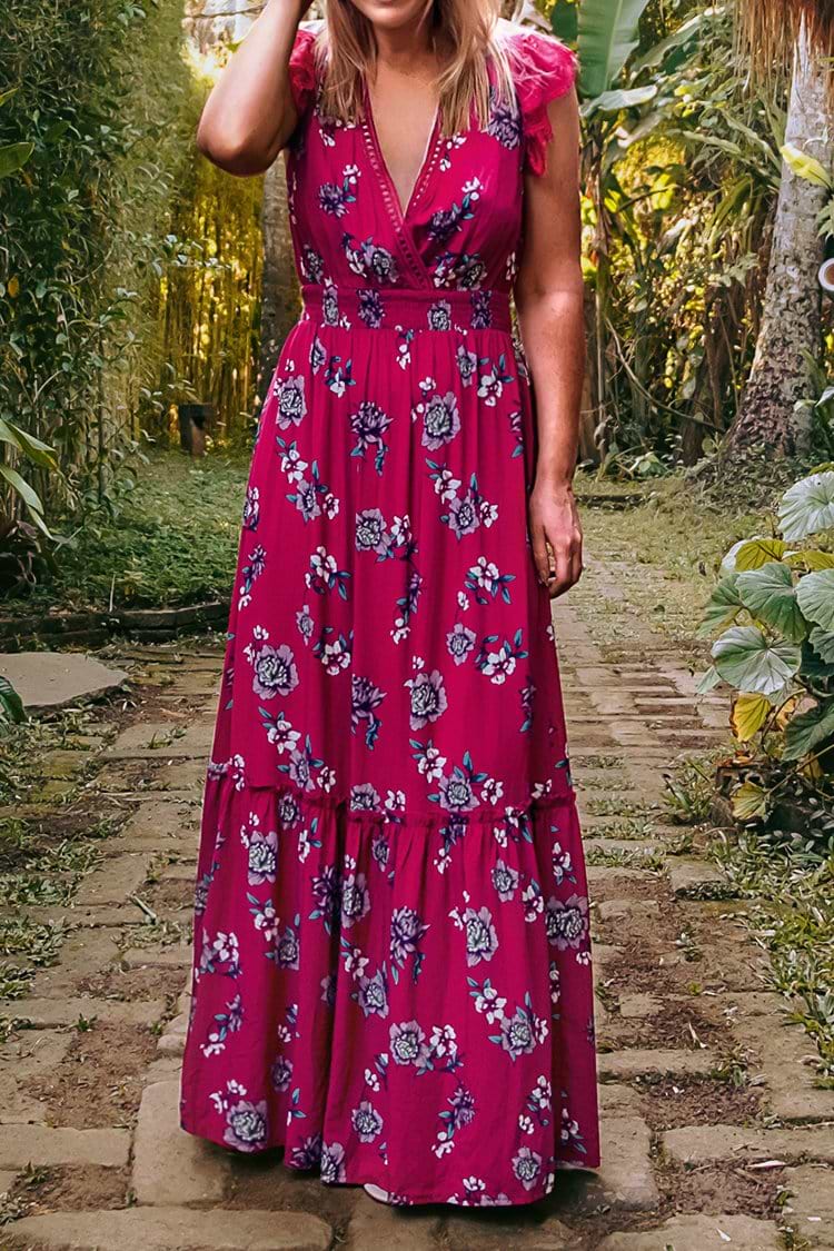 Red Floral Ruffle Maxi Dress