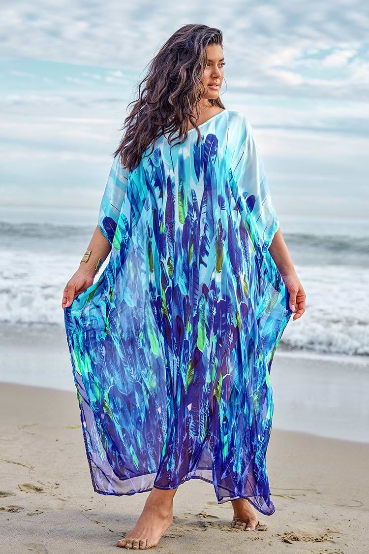 Blue Feather Print Plus Size Maxi Cover Up