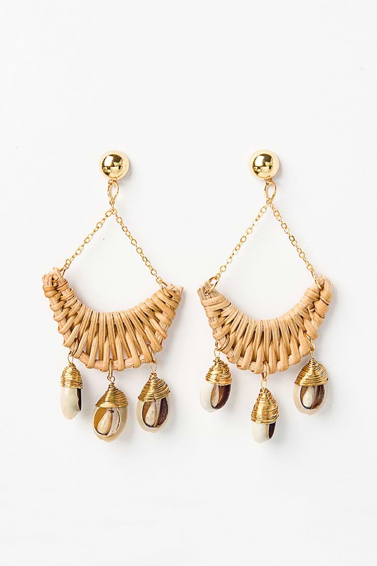 Woven Rattan and Puka Shell Chandelier Earrings