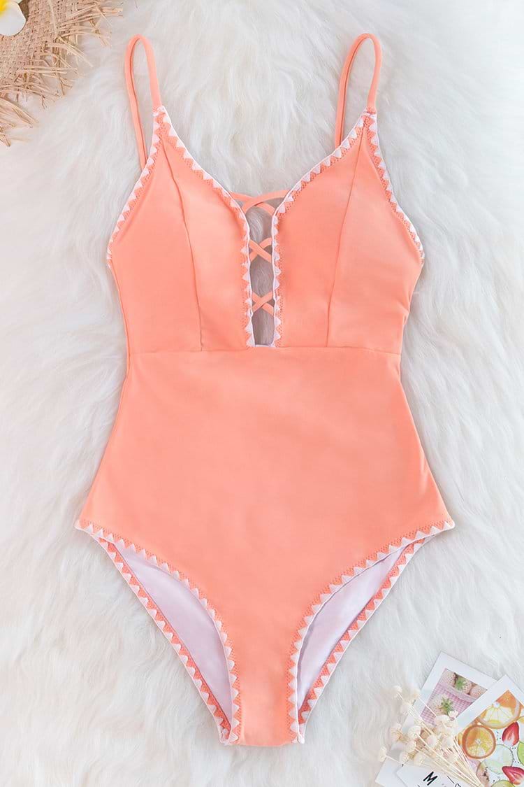 Peachy One-Piece Swimsuit with Crochet Trim