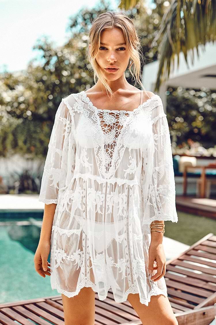 White Lace Floral Scallop Cover Up