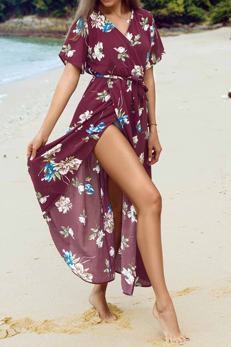 Wine Red Floral Maxi Dress