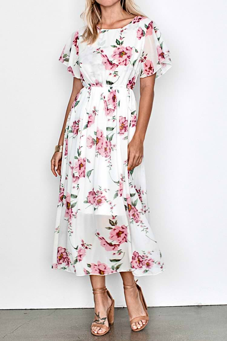 White and Pink floral Maxi Dress