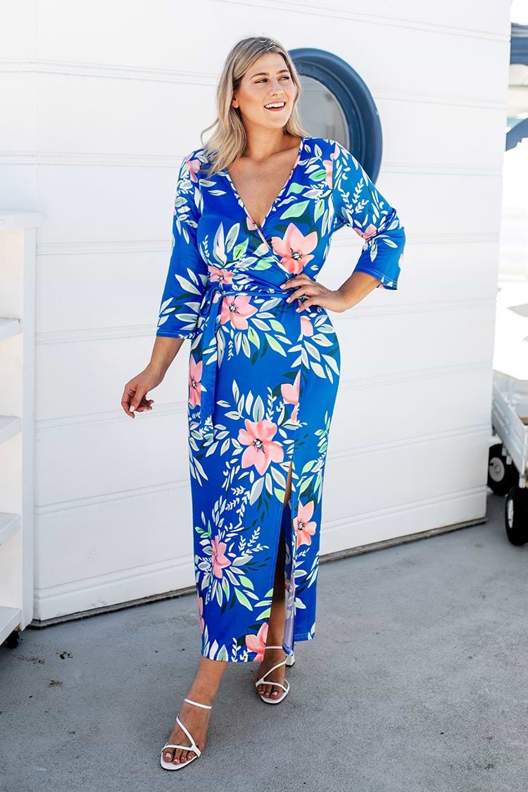 Blue Floral Wrap Plus Size Dress