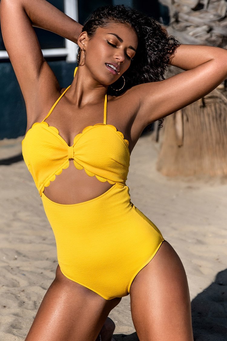 Yellow Scalloped Cutout One-Piece Swimsuit
