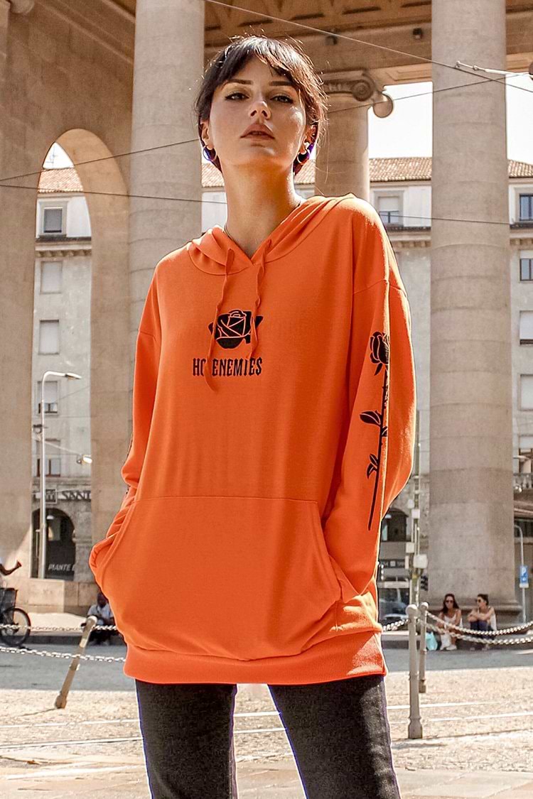 Orange Rose Print Oversized Hoodie