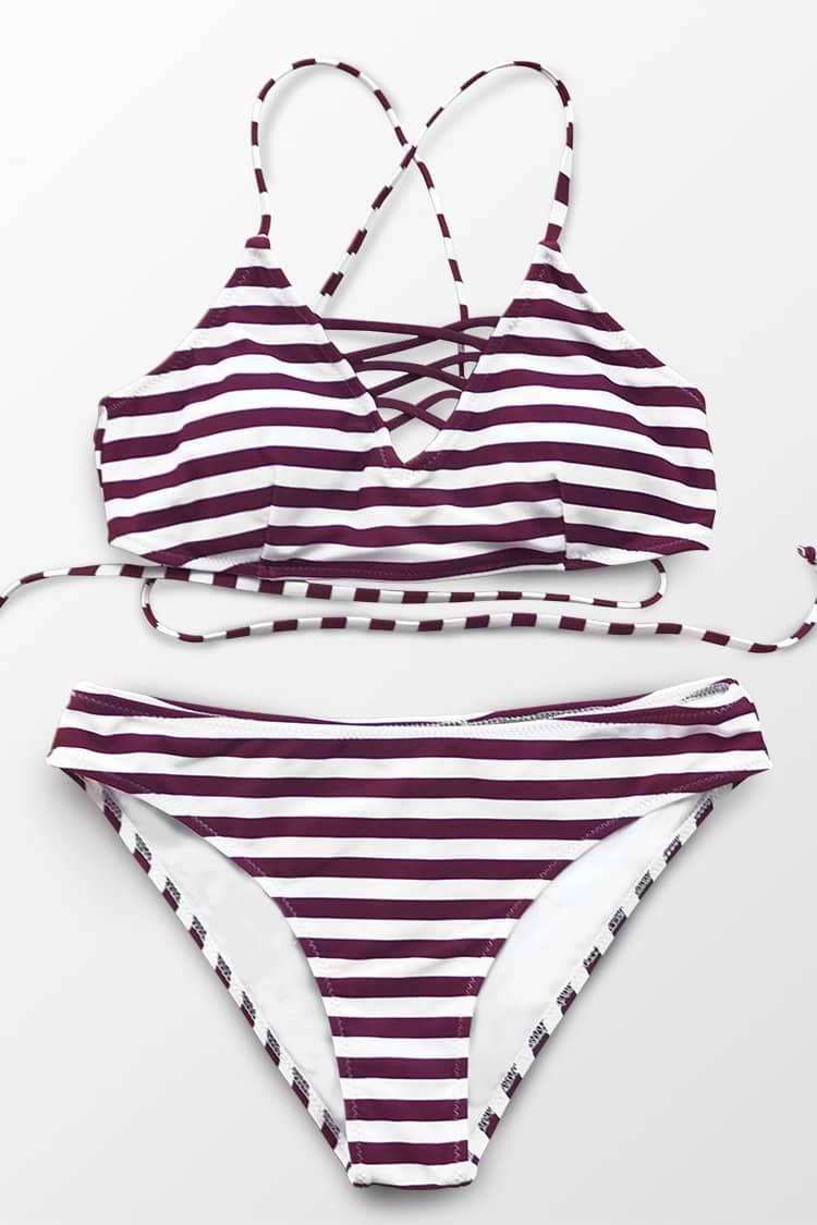 Purple And White Stripe Lace-Up Bikini
