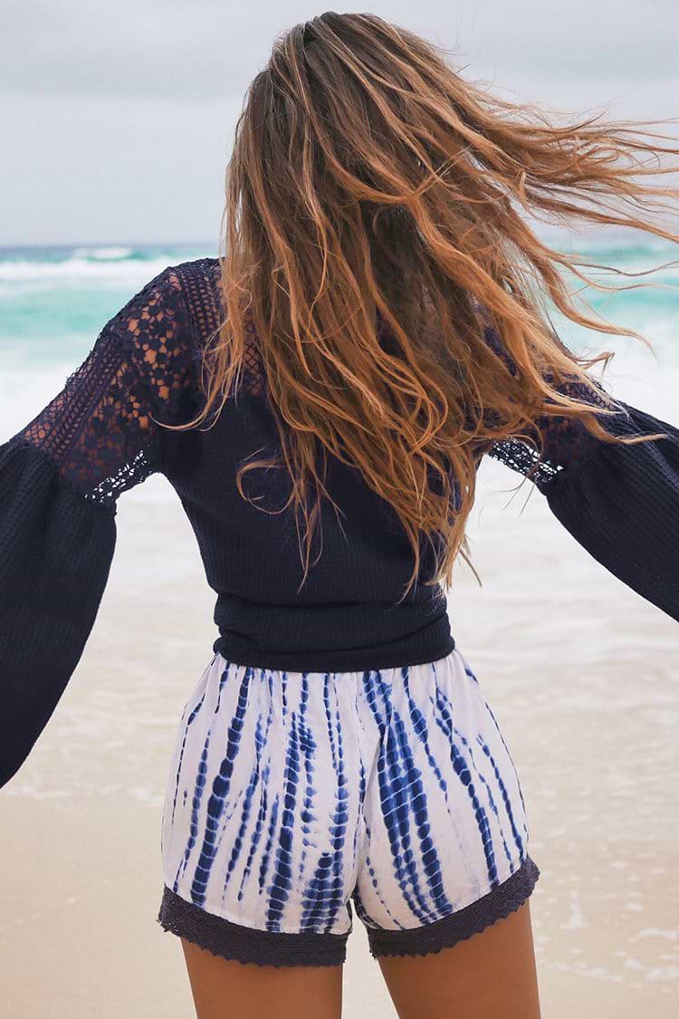 Navy Waffle Knit Tie Front Top