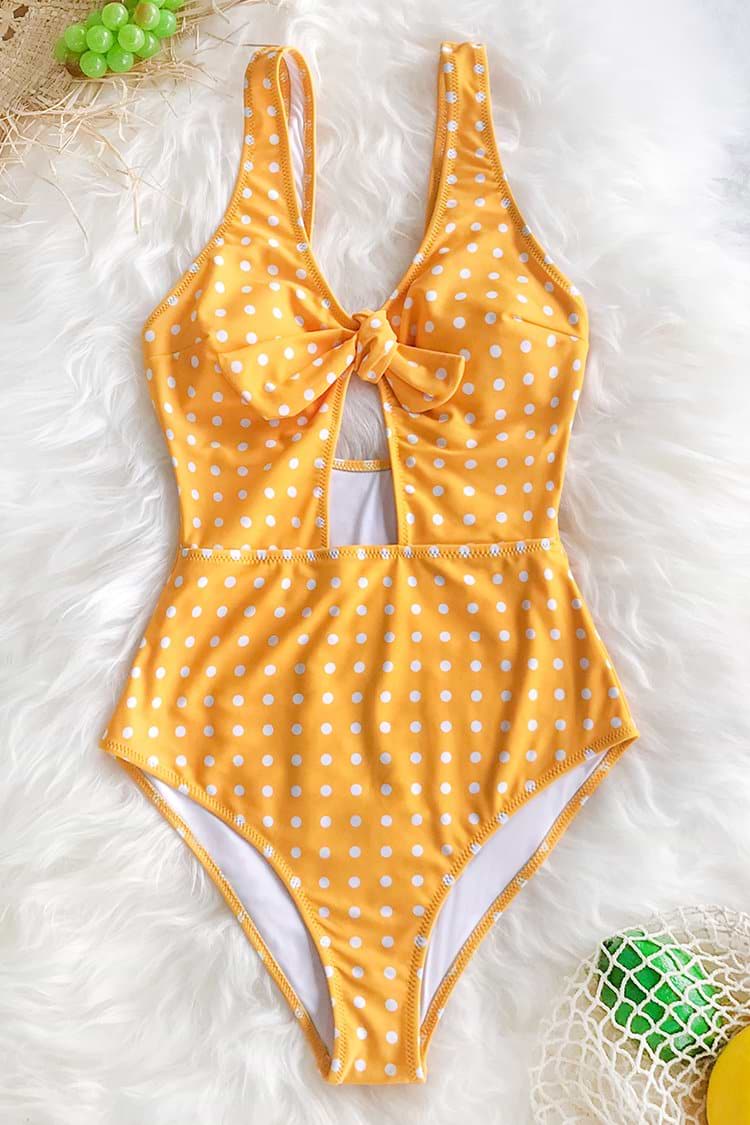Yellow Polka Dot Front Tie One-Piece Swimsuit