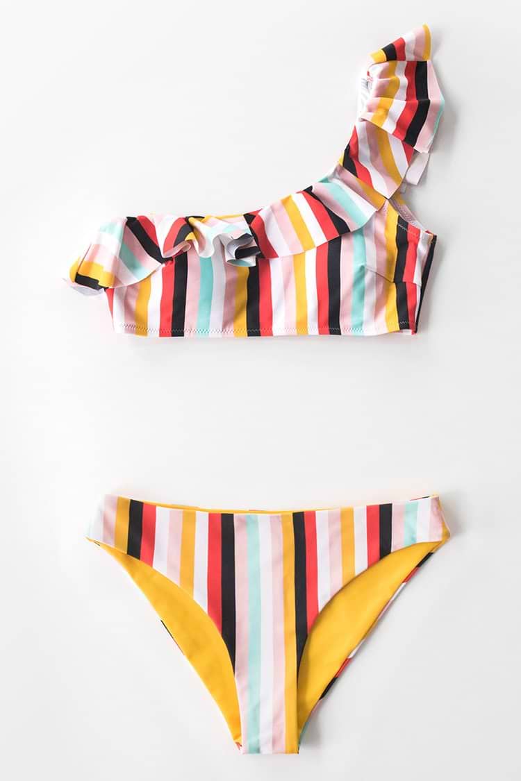 Playa Stripe Ruffled One-Shoulder Reversible Bikini