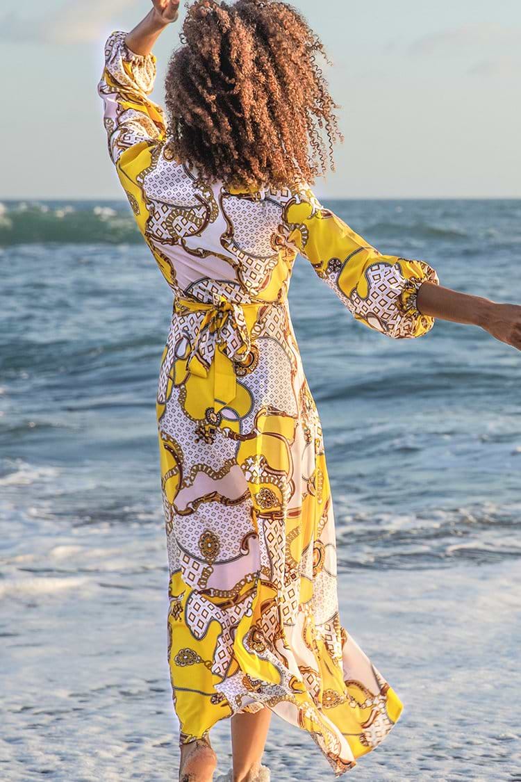 Chain Print Long Sleeve Wrap Dress