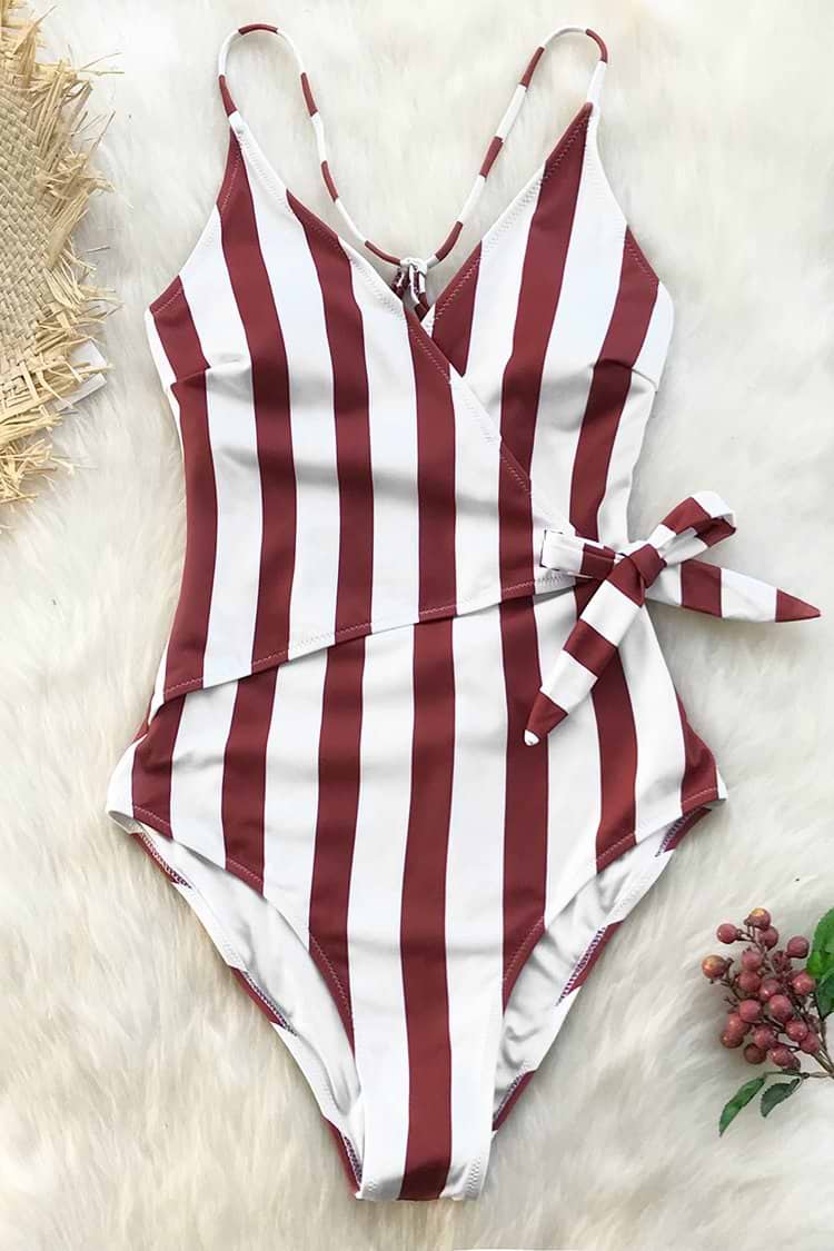 Red and White Stripe One-Piece Swimsuit