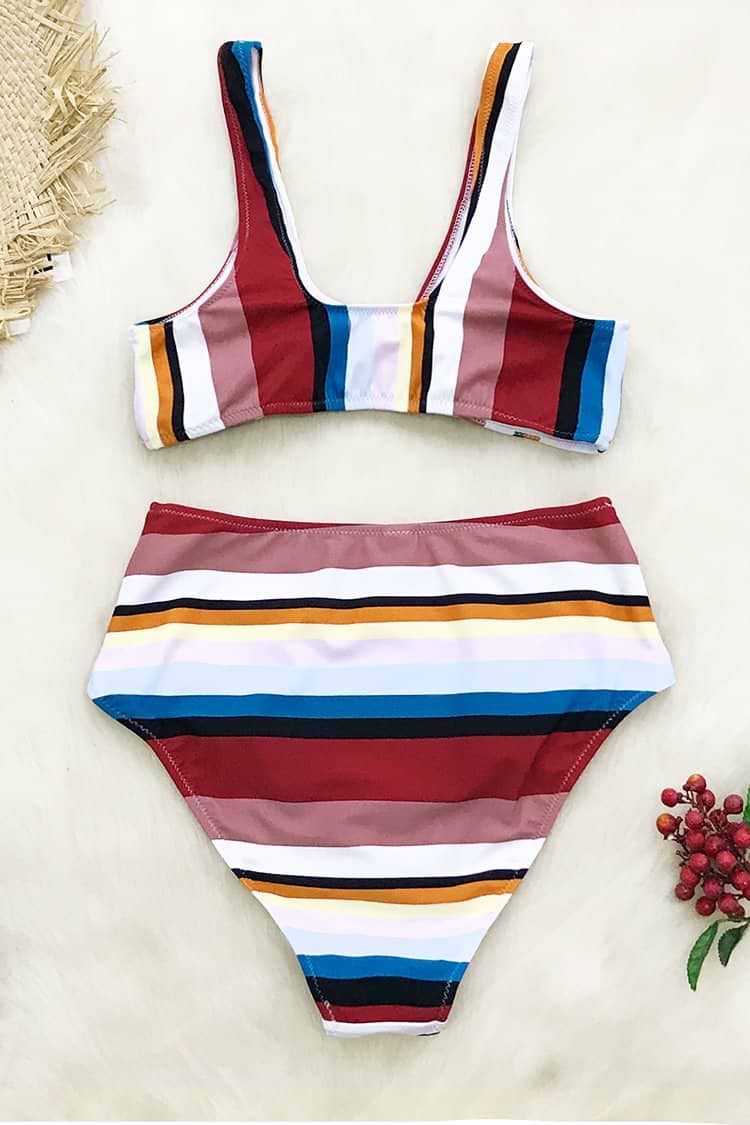 Colorful Stripe High-Waisted Bikini