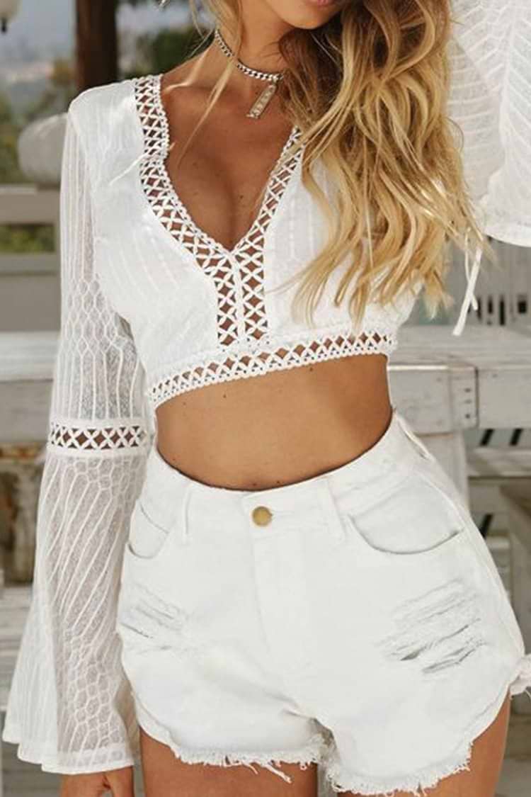 White Long Sleeve Backless Boho Crop Top