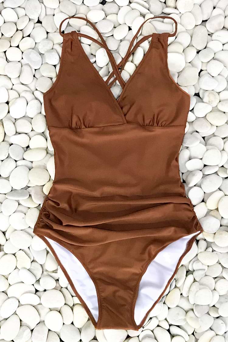 Shimmery Caramel Ruched One-Piece Swimsuit