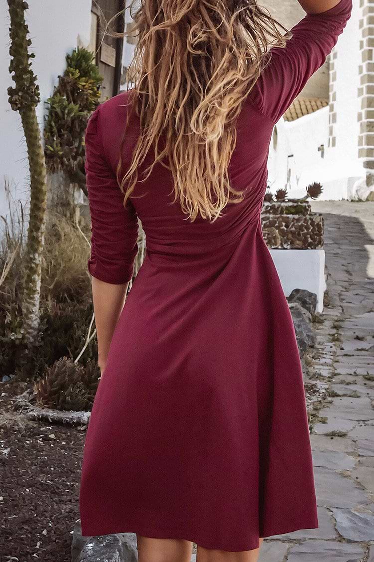 Red V-Neck Shirred Short Dress