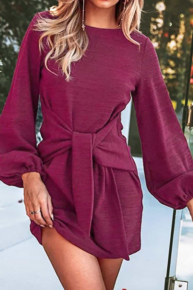 Wine Red Puff Long Sleeve Mini Dress