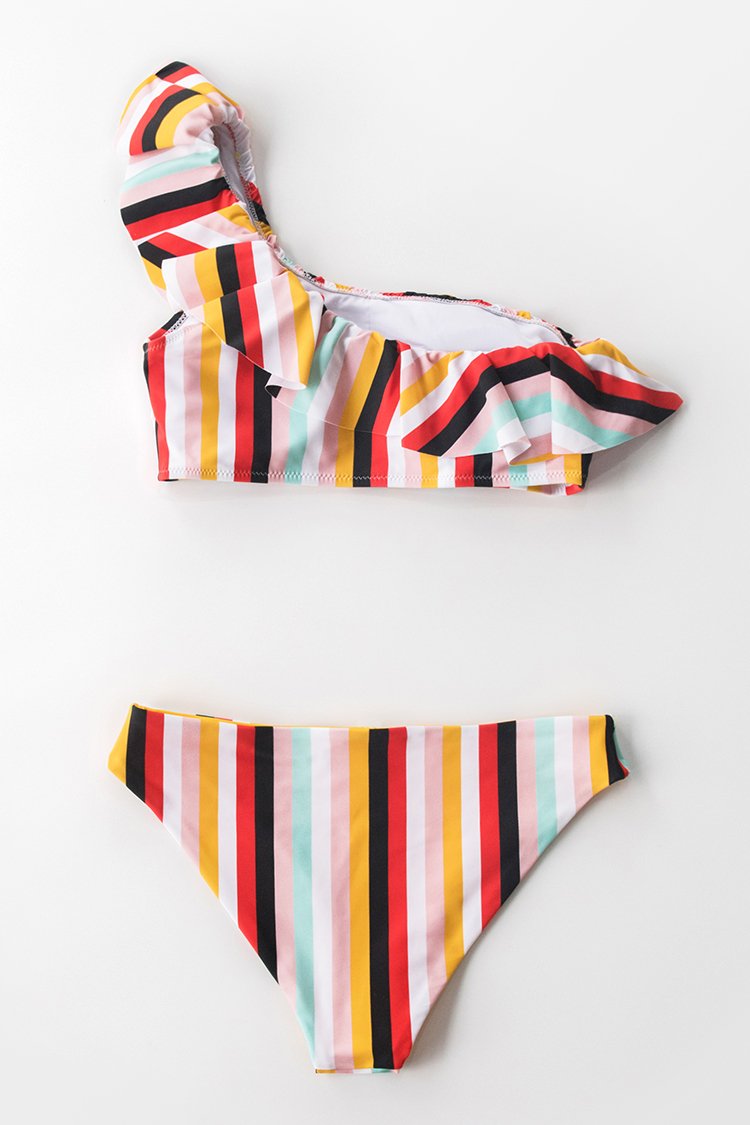 Playa Stripe Ruffled One-Shoulder Reversible Bikini
