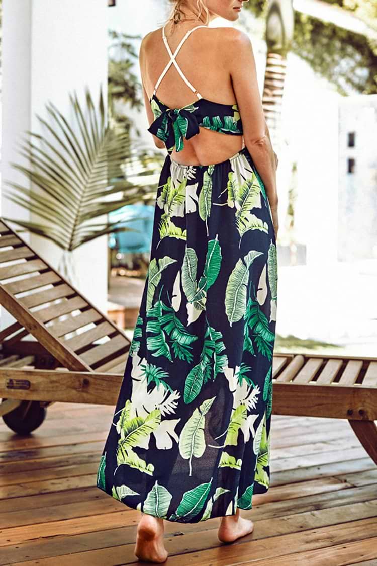 White Lace and Black Palm Print Dress