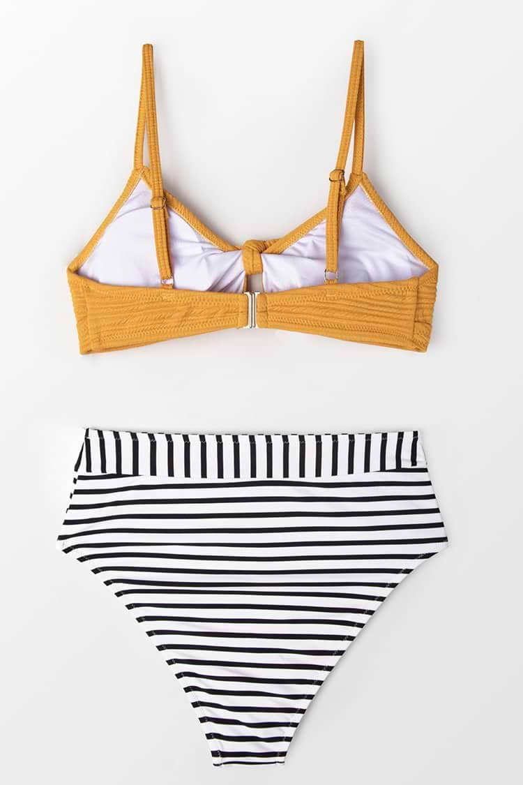 Knotted Yellow Bikini with Striped High-Waist Bottom