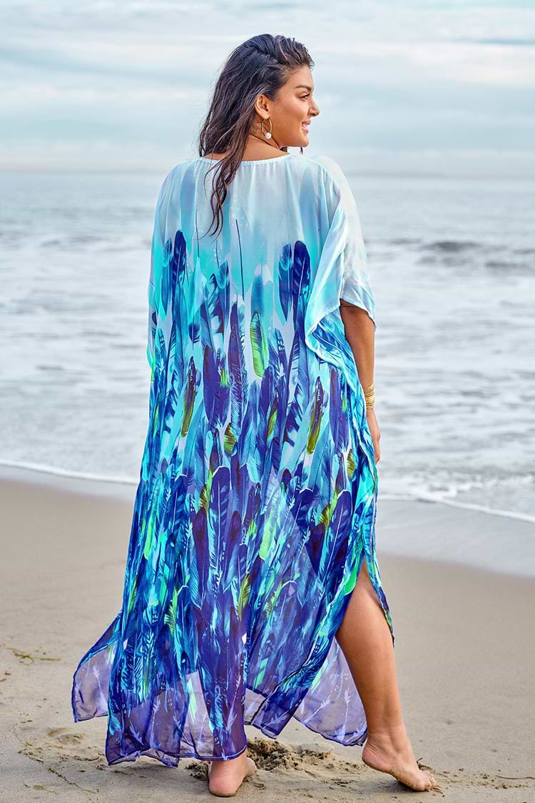 Blue Feather Print Plus Size Maxi Cover Up
