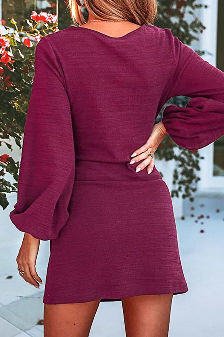 Wine Red Puff Long Sleeve Mini Dress