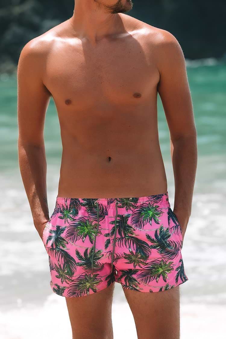 Pink Palm Tree Print Men's Swim Trunks