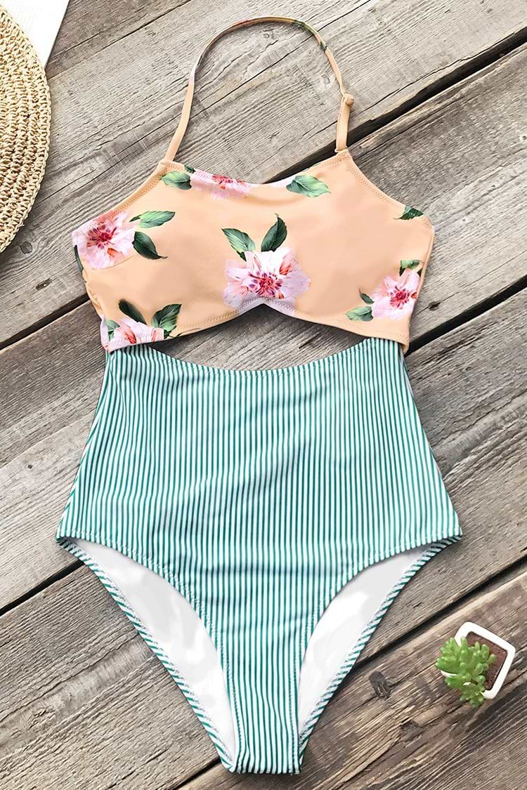 Pink Floral And Green Striped One-piece Swimsuit