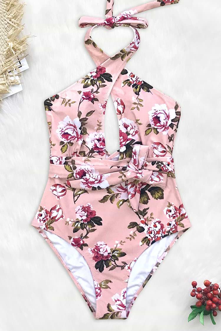 Pink Floral Belted One-Piece Swimsuit