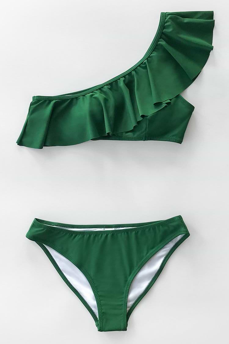 Green Ruffled One Shoulder Bikini