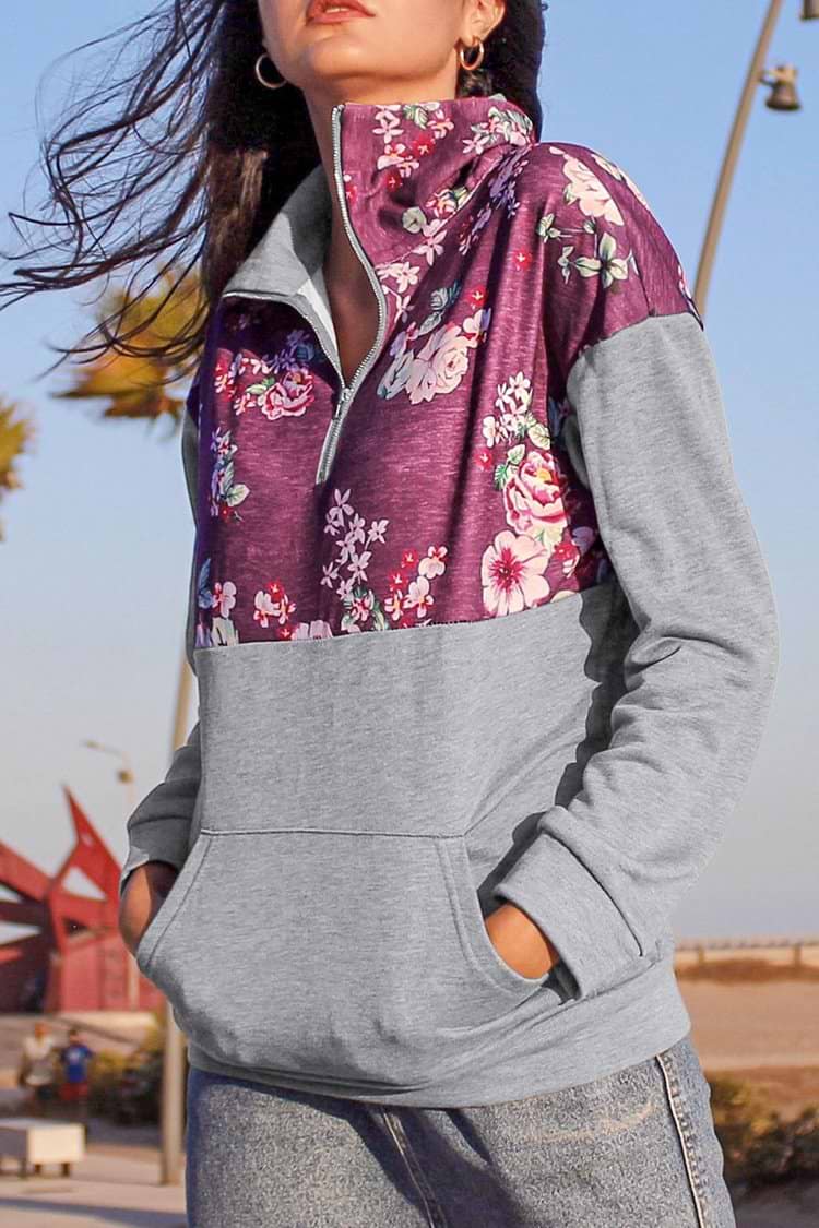 Gray and Red Floral Zip Front Pullover