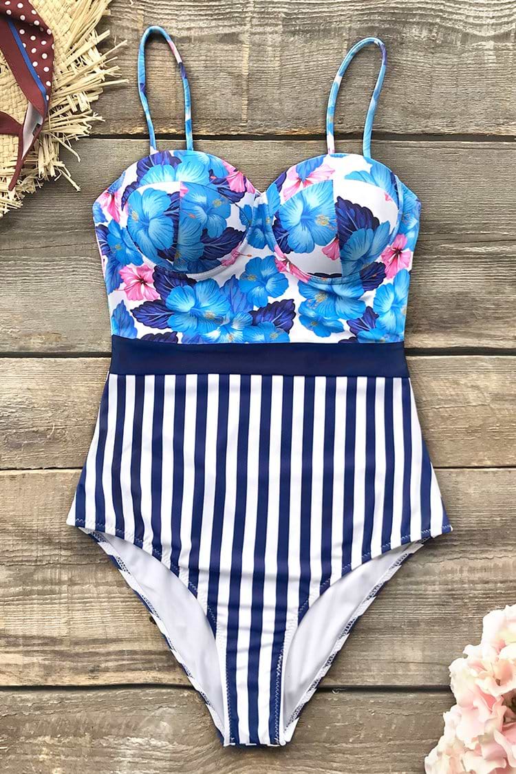 Blue Hibiscus and Stripe Print One-Piece Swimsuit