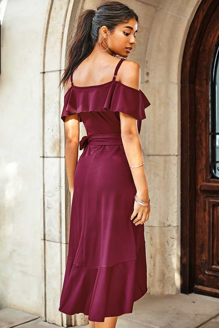 Red Ruffle Cold Shoulder Dress