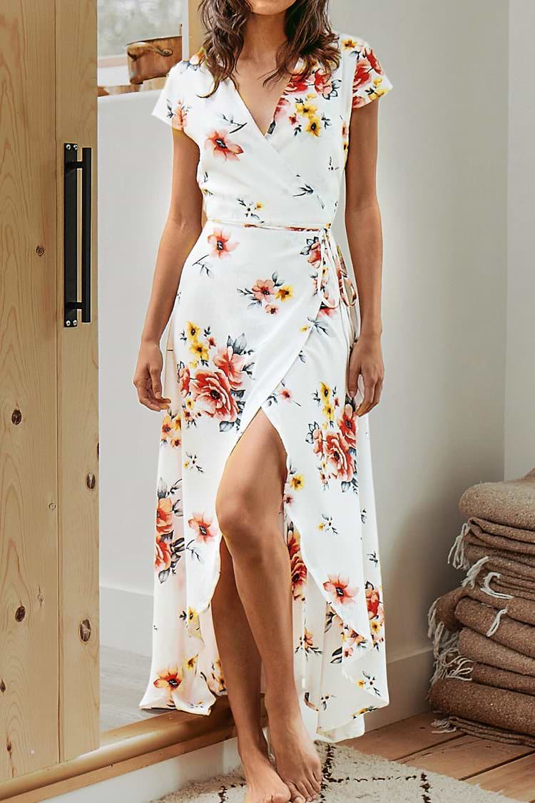 White Floral Print Wrap Dress