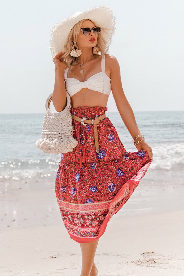 Red Floral Print Ruffled Midi Skirt