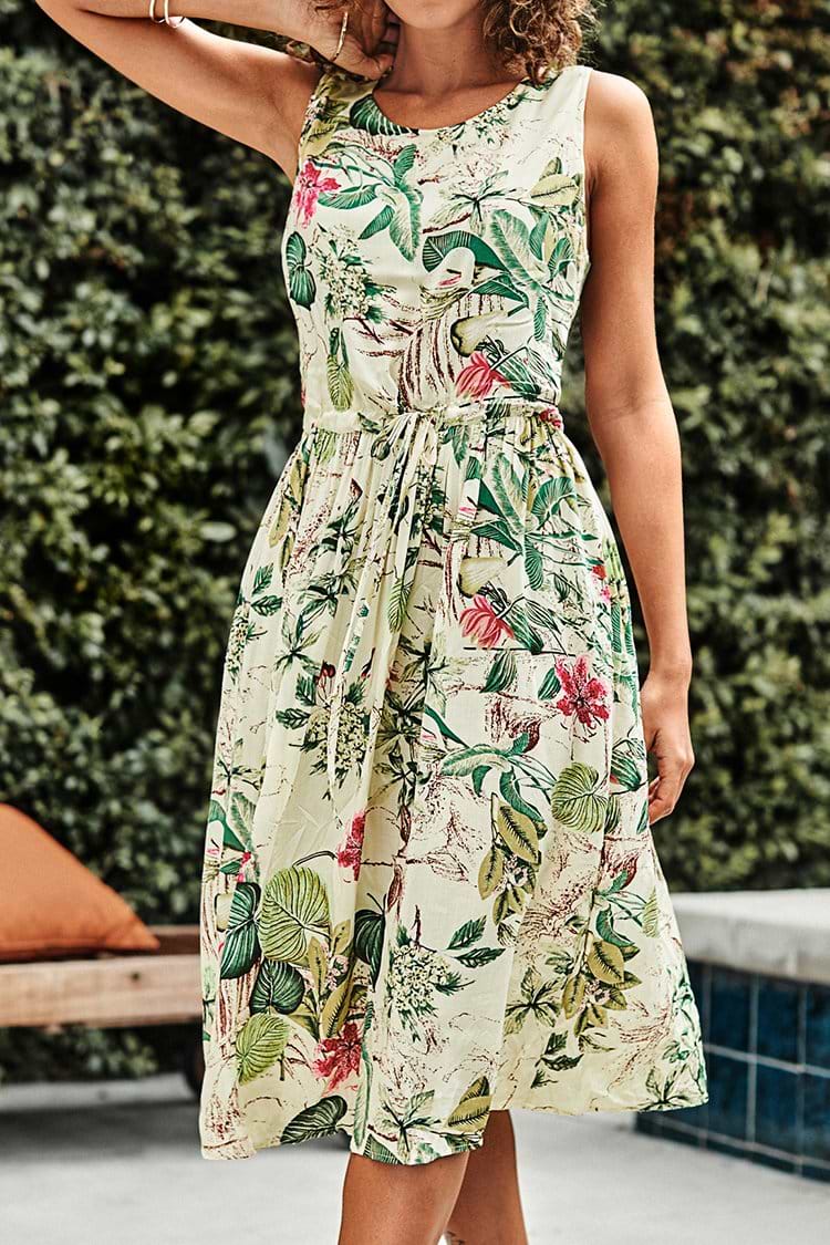 Sleeveless Tropical Print Dress with Pockets