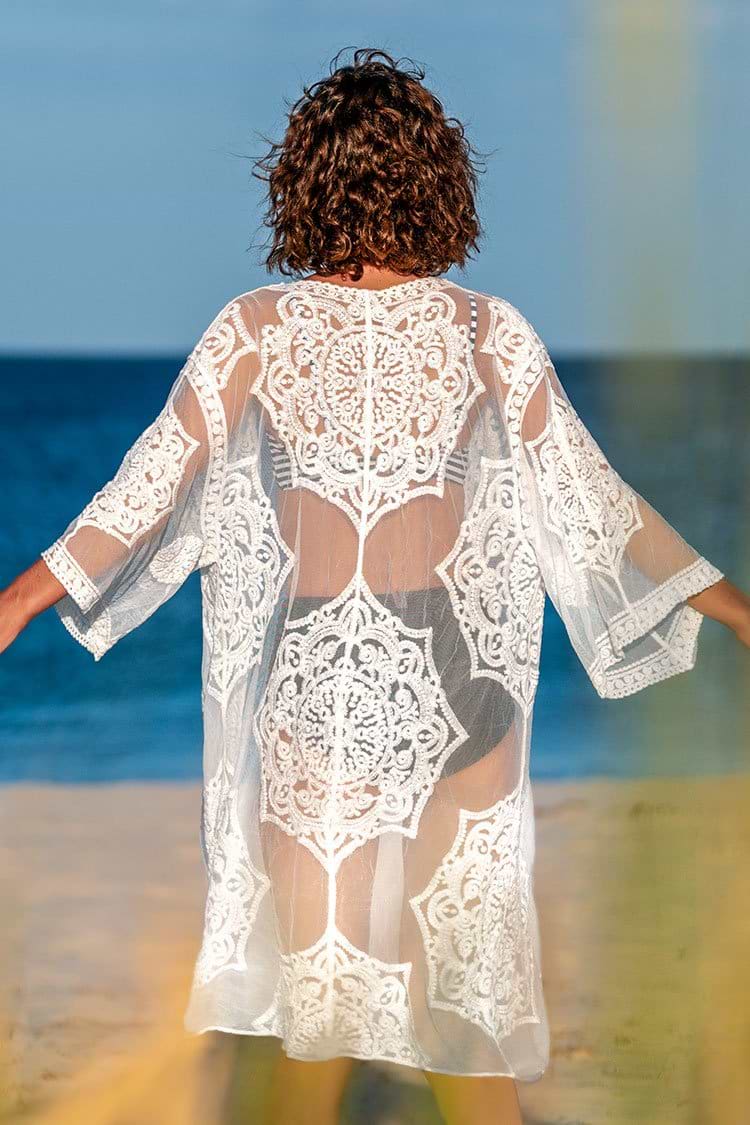 White Crochet Open Front Cover Up