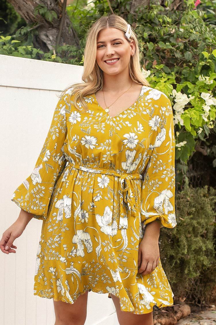 Yellow Floral Long Sleeve Plus Size Dress