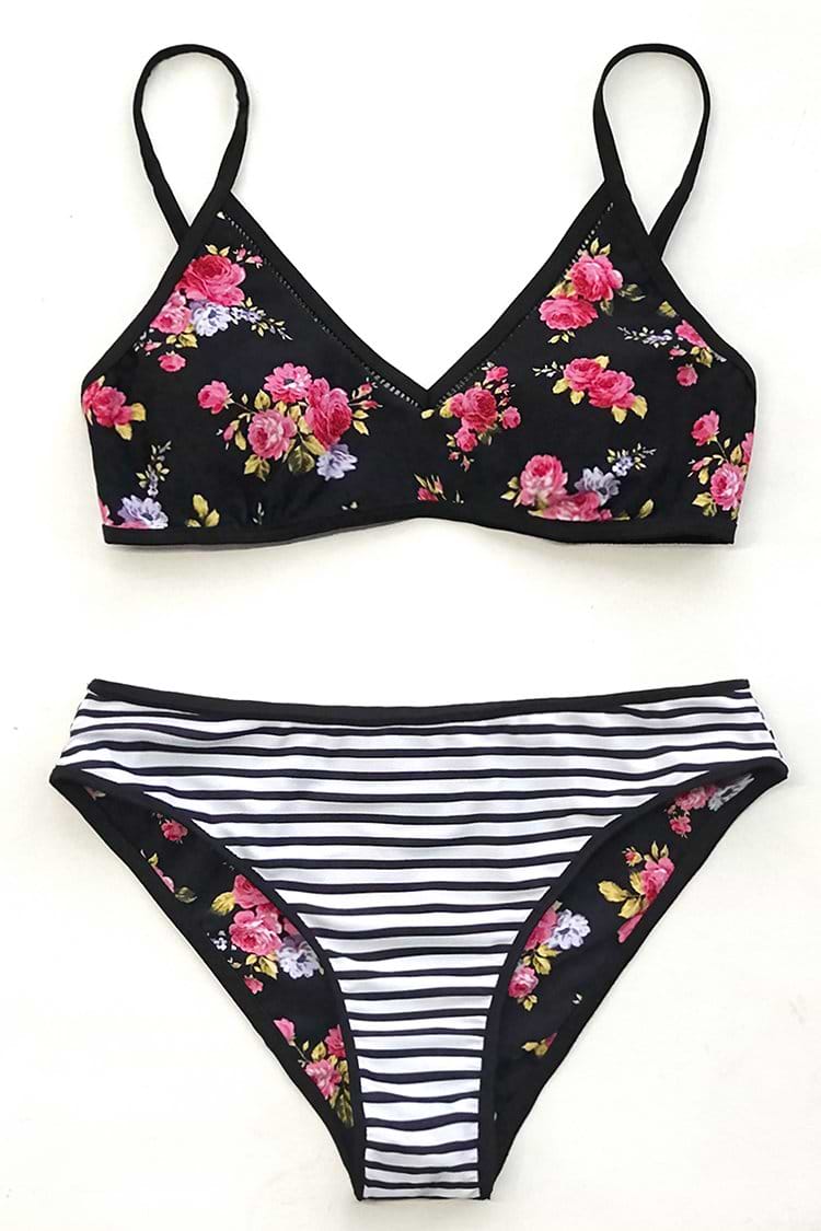 Floral And Stripe Reversible Bikini