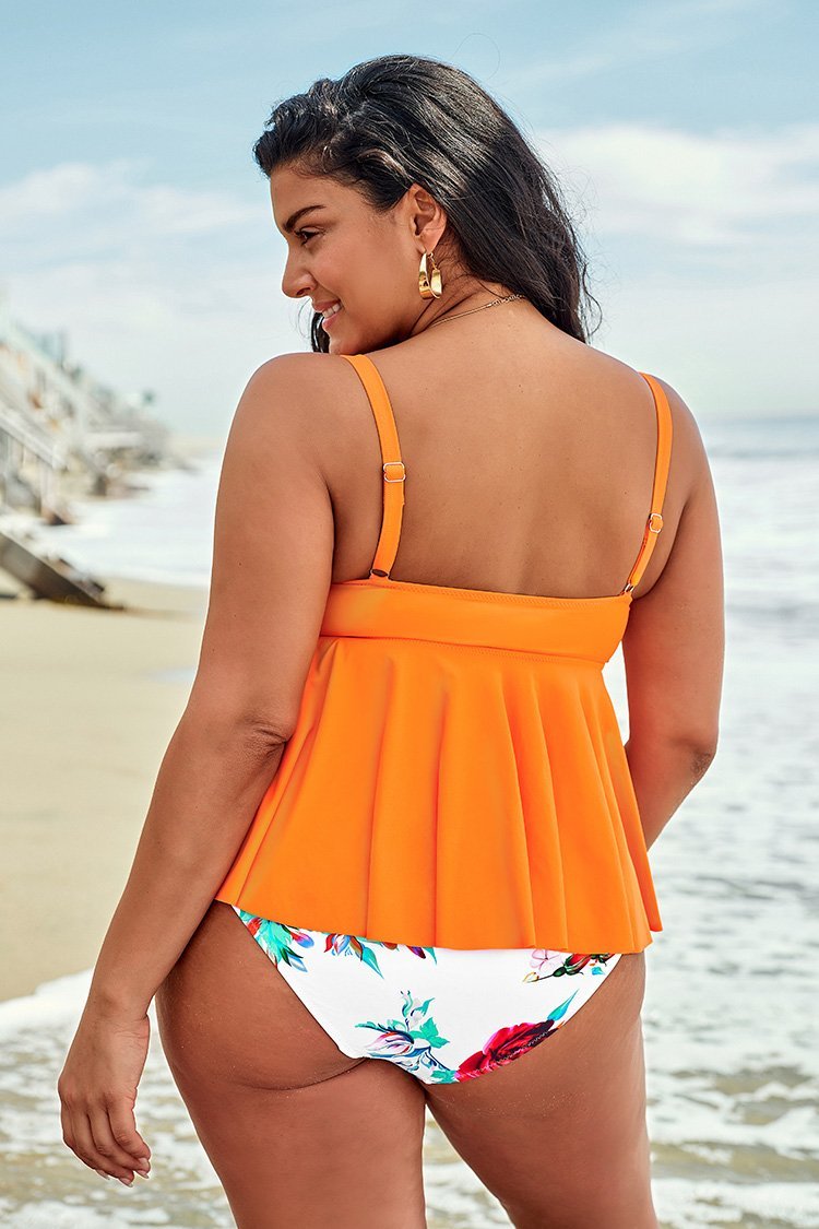 Orange Ruffled Plus Size Tankini with Printed Bottom