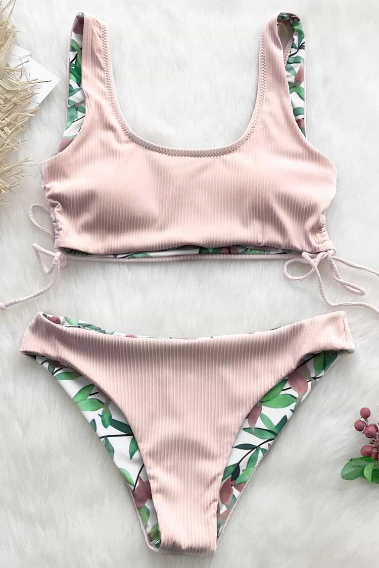 Reversible Pink And Leaves Bikini