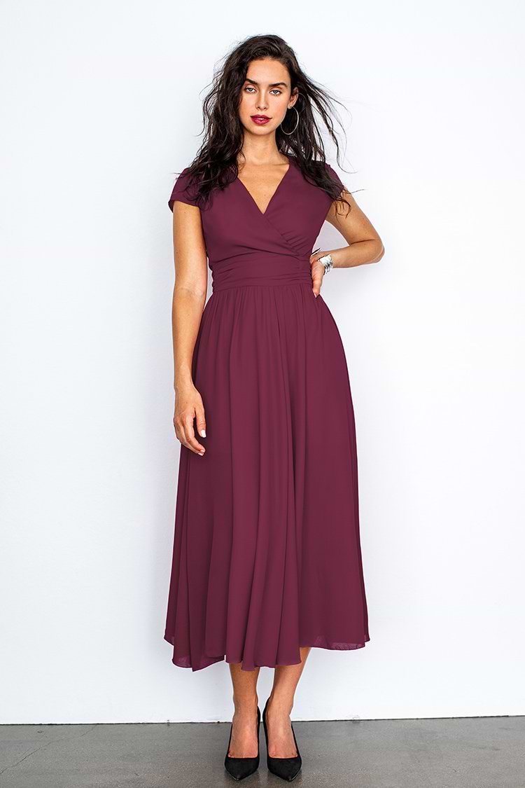 Wine V-Neck Shirred Dress