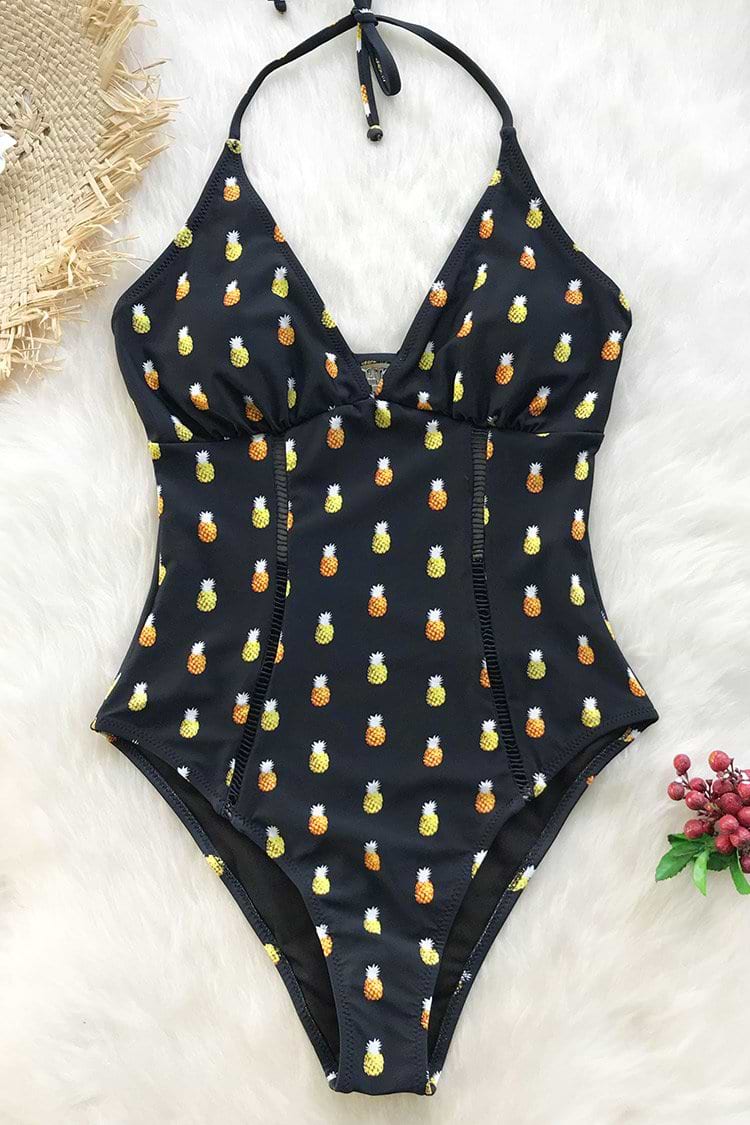 Pineapple Print Halter One-piece Swimsuit