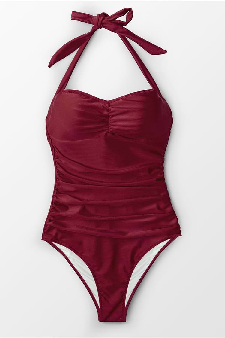 Deep Red Wine Halter One-Piece Swimsuit