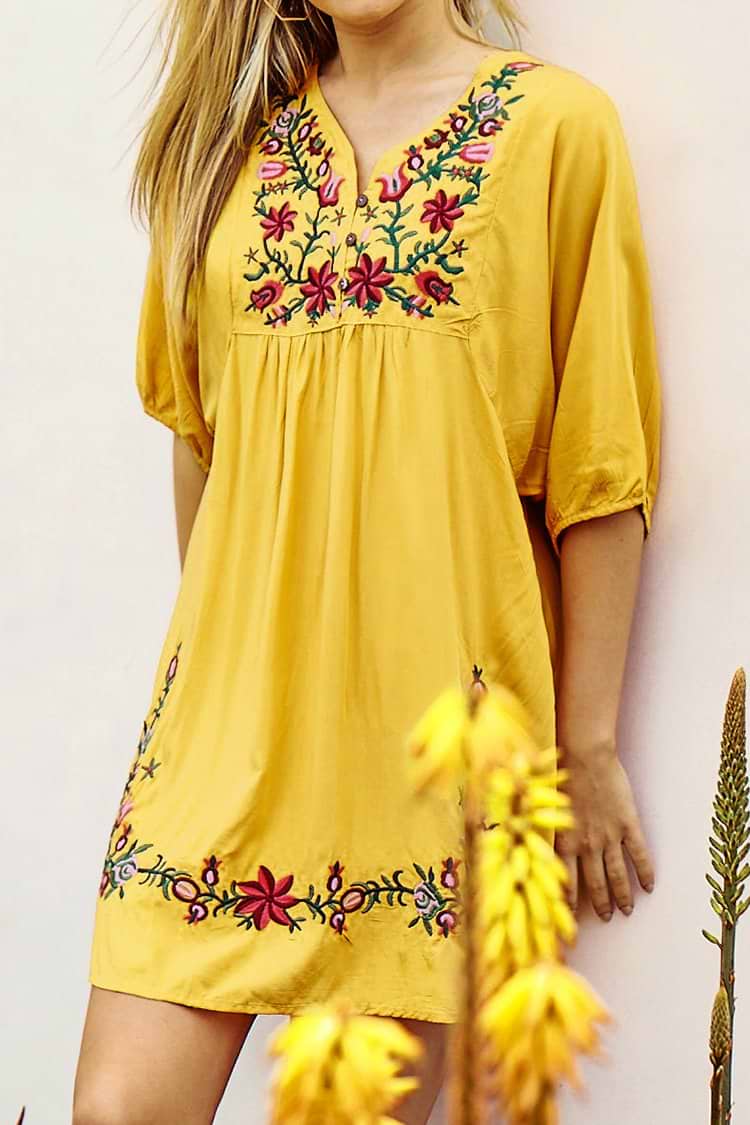 Yellow Floral Embroidered Dress