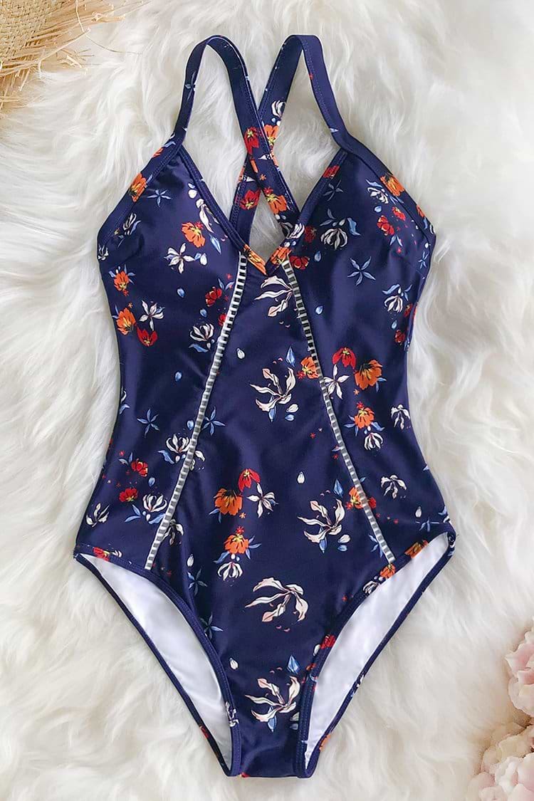 Deep Blue Floral One-Piece Swimsuit