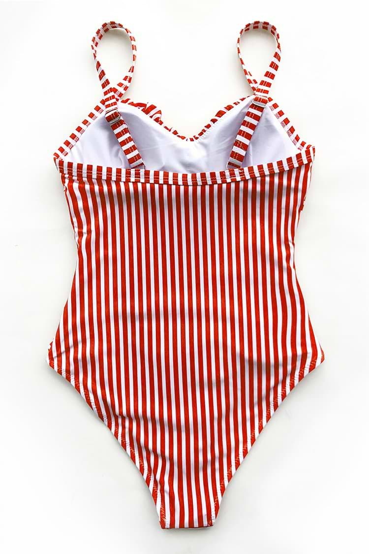 Red and White Stripe One-Piece Swimsuit with Ruching