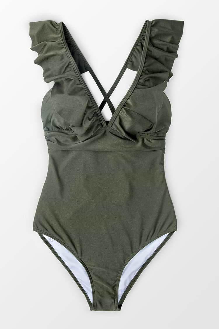 Olive Green One-Piece Swimsuit with Ruffled Shoulder Straps